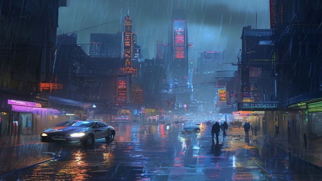 Fond d'écran de ville futuriste sous la pluie créé avec WallAir