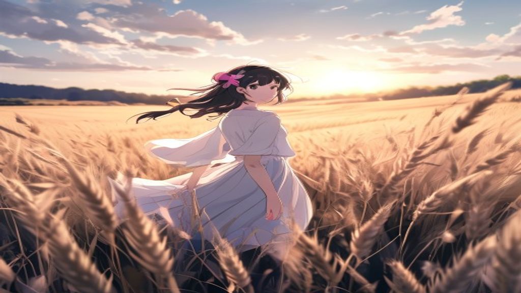 Fond d'écran anime dans un champ au coucher du soleil