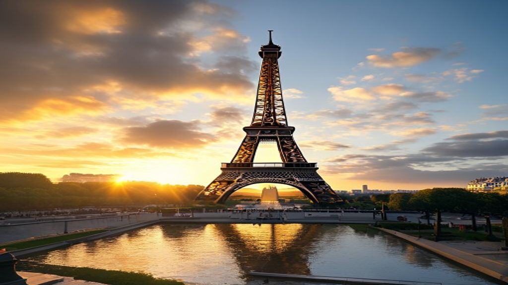 Fond d'écran réaliste de la tour Eiffel au coucher du soleil